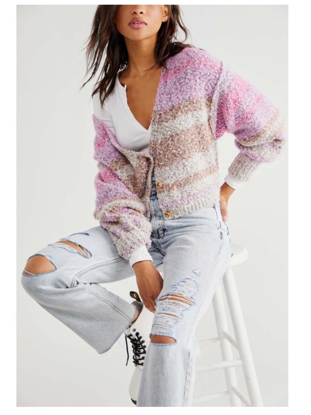 Free People Soulmate Cardi Sweater striped in Passion Flower Combo Large